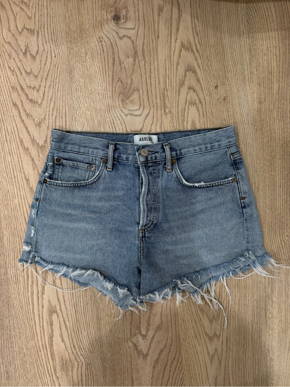Agolde Washed Blue Frayed Hem Denim Shorts